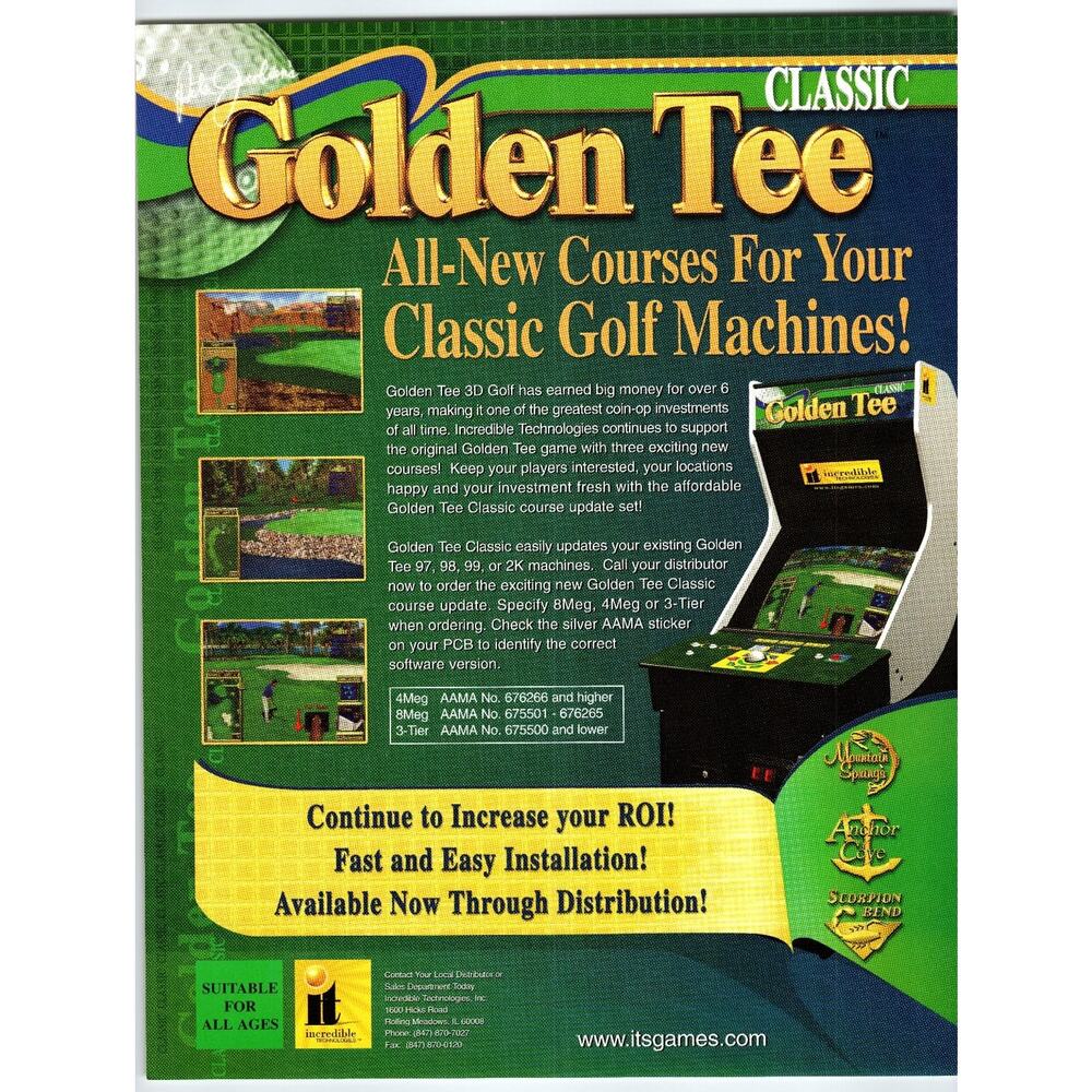 1990s Golden Tee Classic Arcade Game Flyer Golf Machines Update